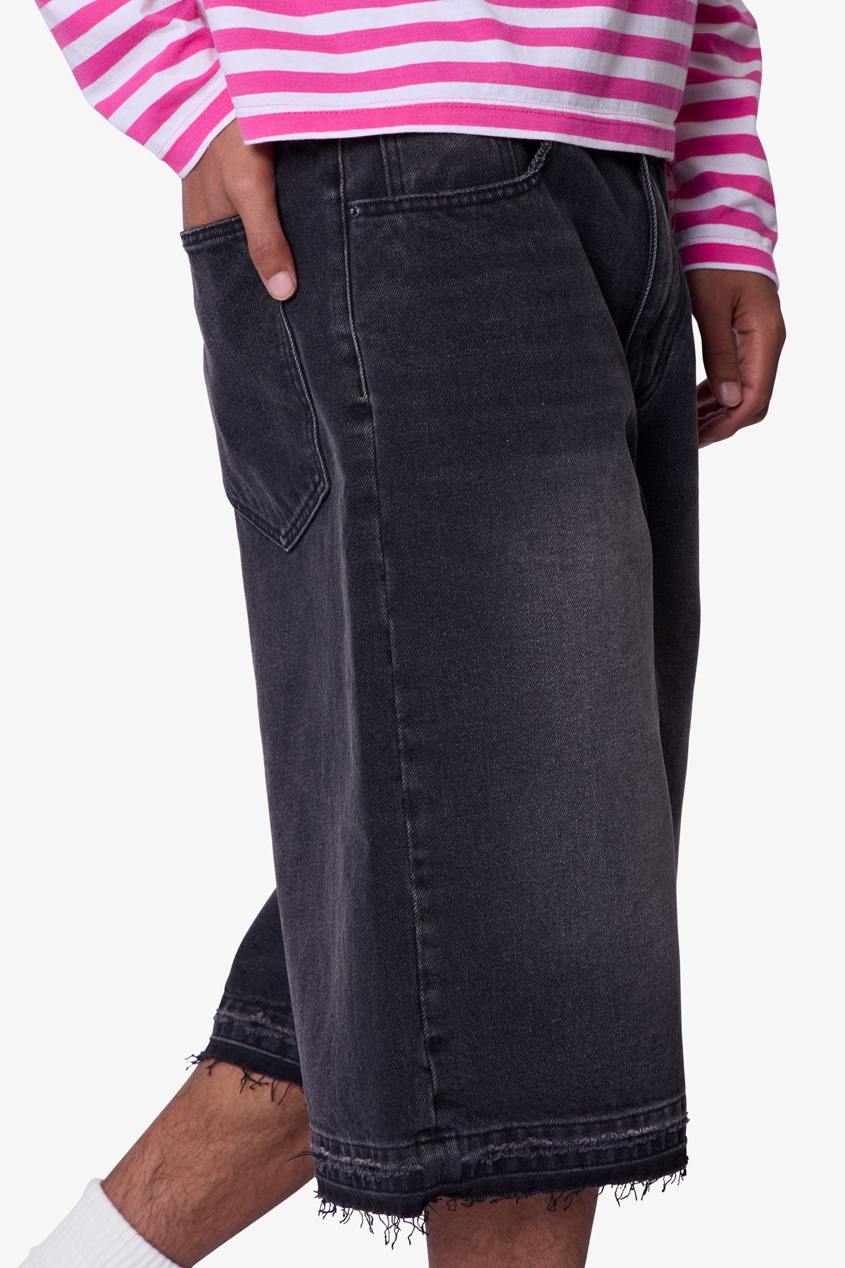 Ultra Baggy Raw Hem Denim Shorts - Washed Black