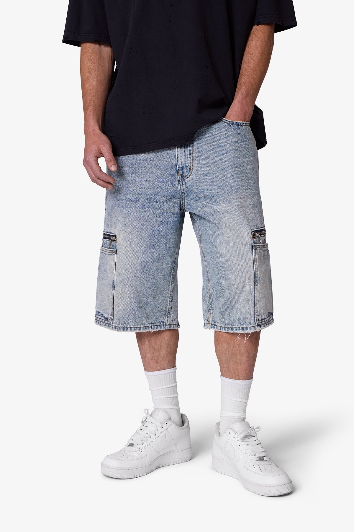 Zipper Teeth Denim Shorts - Light Blue