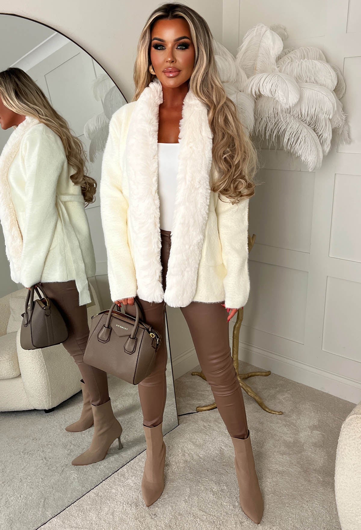 Autumn Escape Cream Mid Length Faux Fur Belted Cardigan