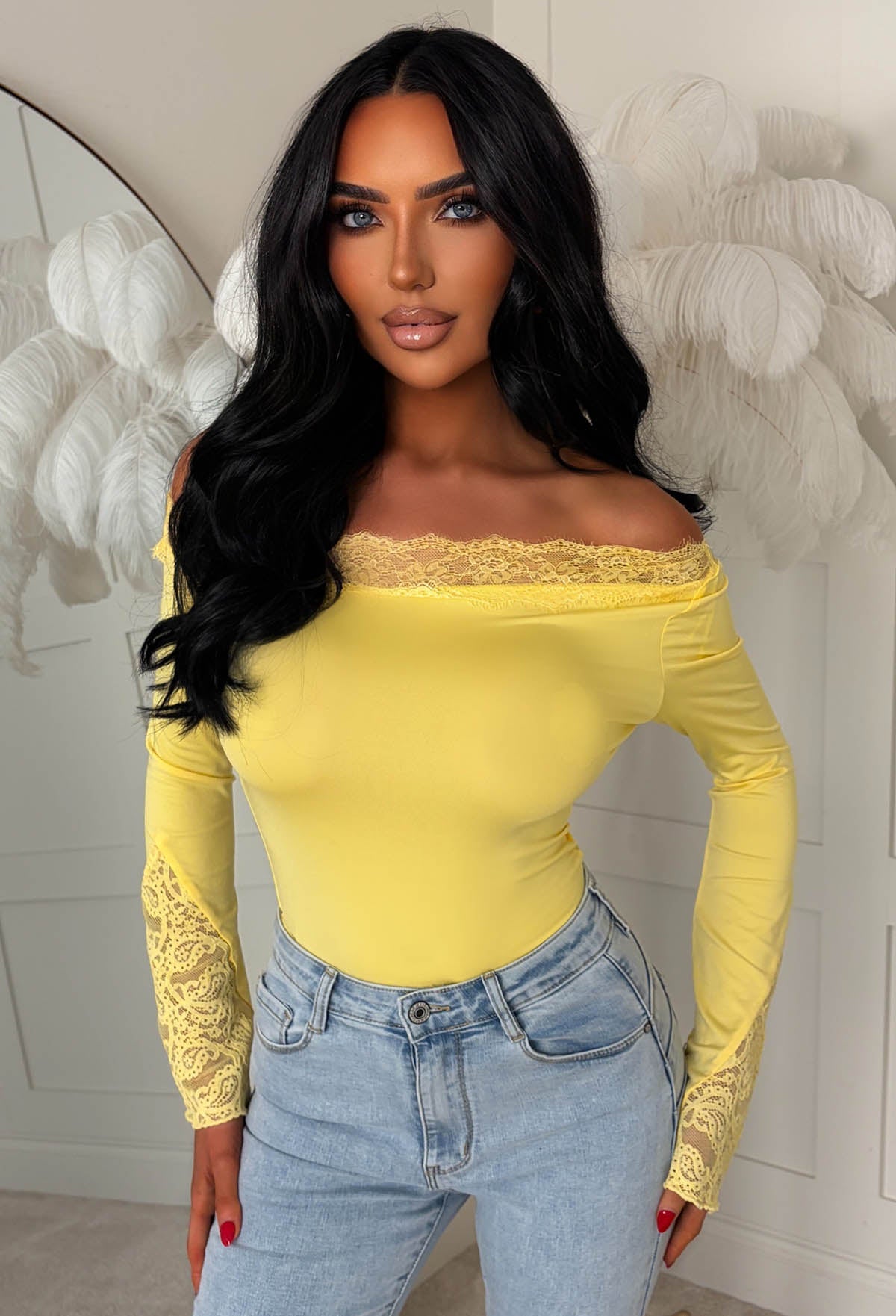Dare To Dream Yellow Lace Asymmetrical Neck Flared Sleeve Top