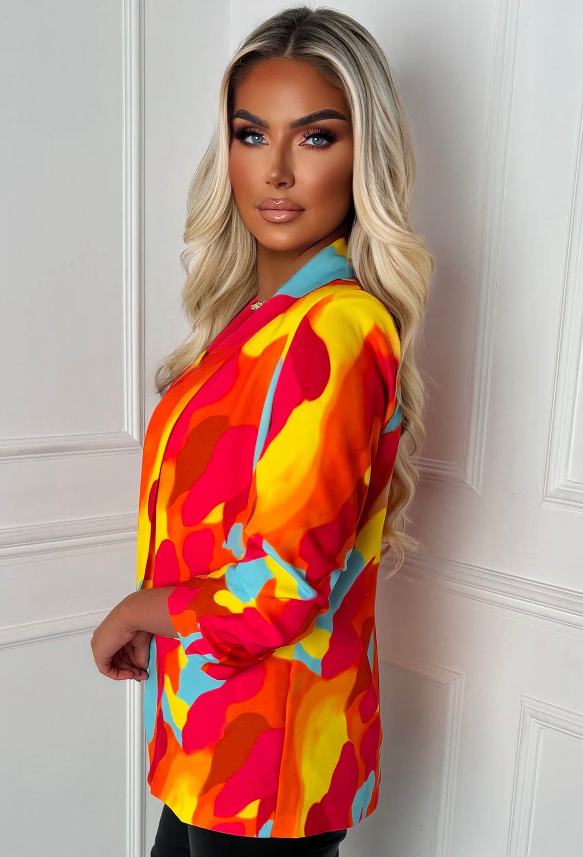 Divine & Juicy Multi Shawl Neck Ruched Sleeve Water Print Blazer