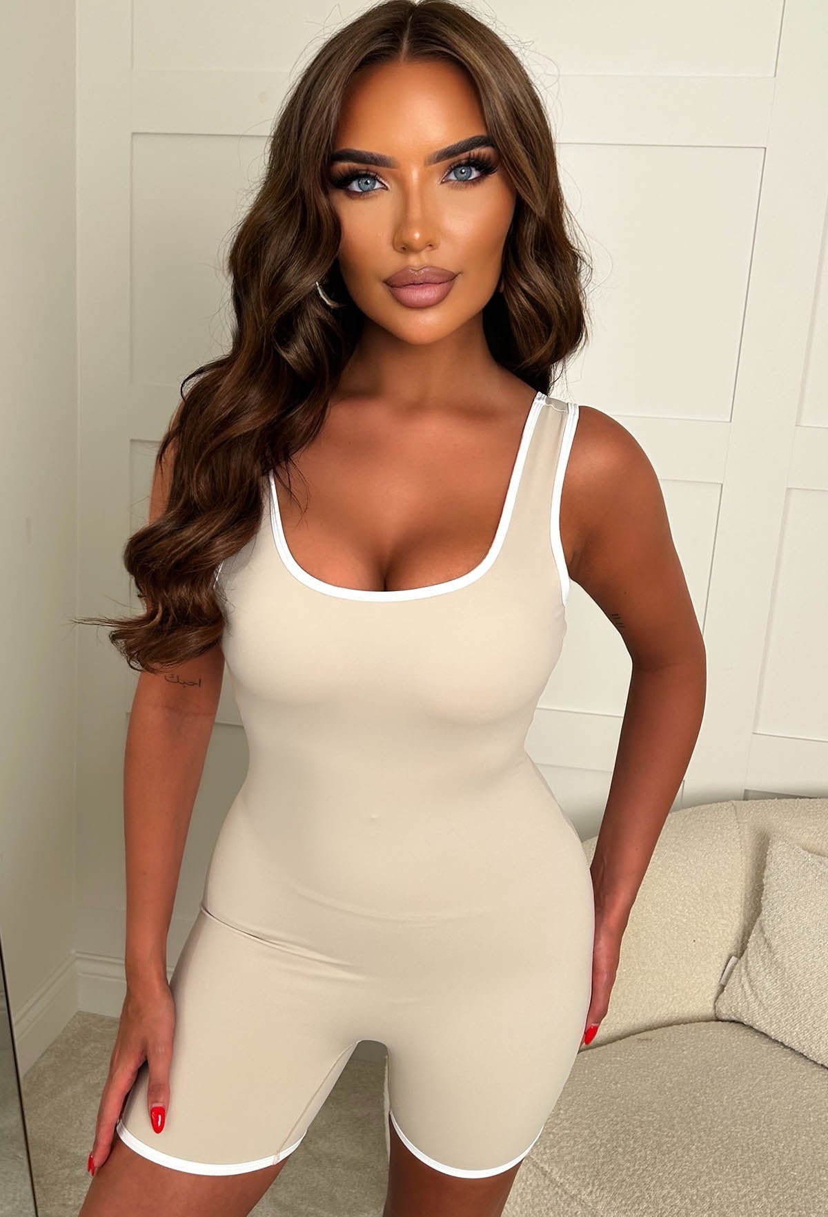 Effortless Style Beige Contrast Edge Ruched Unitard