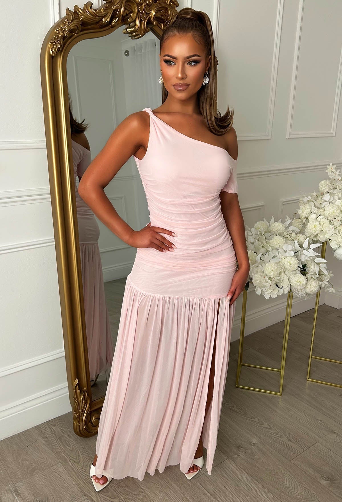Eternal Romance Pink Off The Shoulder Ruched Maxi Dress