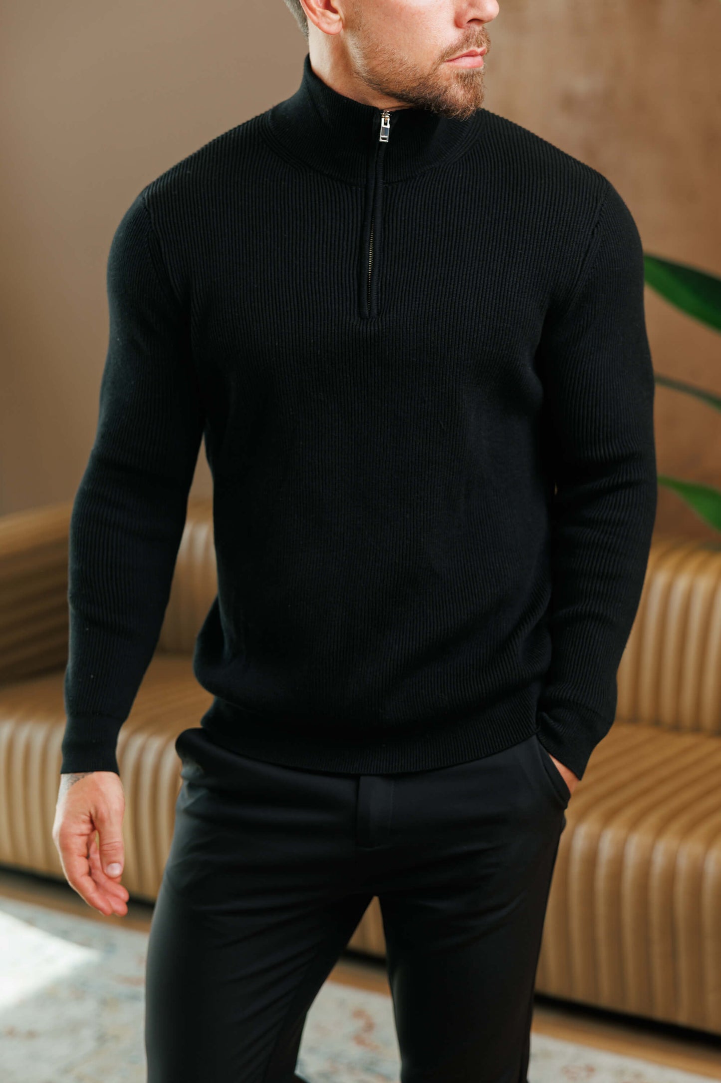 RIDGE KNIT QUARTER ZIP - BLACK