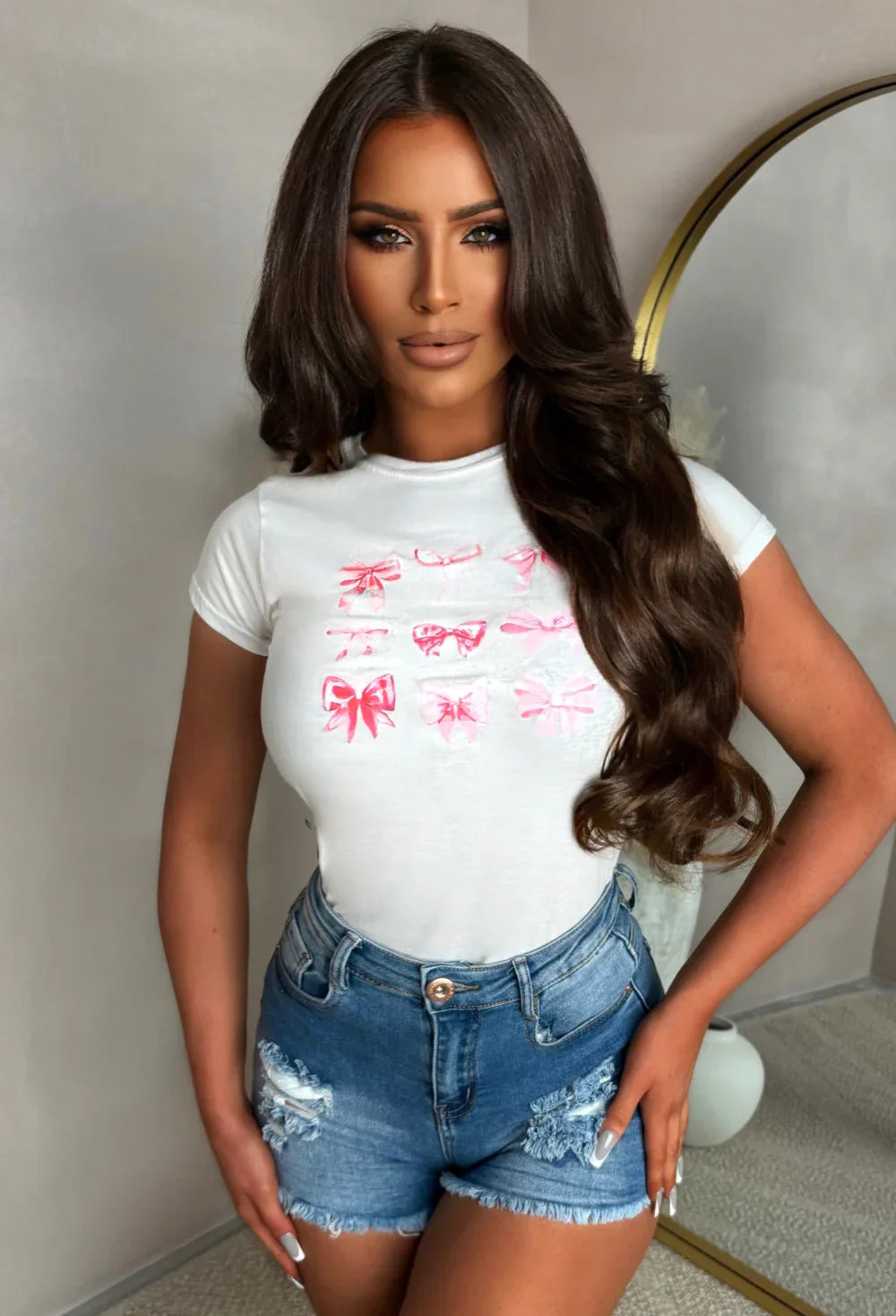 Call Me Sweet White Blush Bow Print Fitted T-Shirt