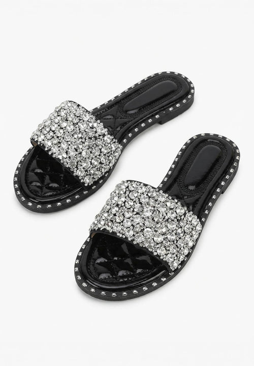 Dazzle Dream Black Diamante Flat Sandals