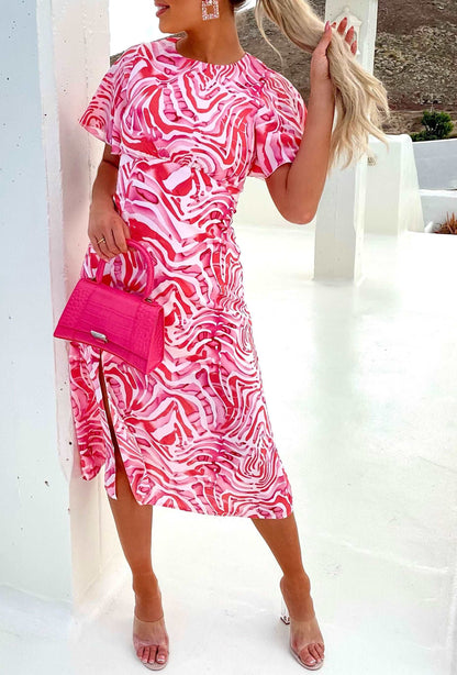 Adelaide Pink Short Sleeve Printed Midi Dress