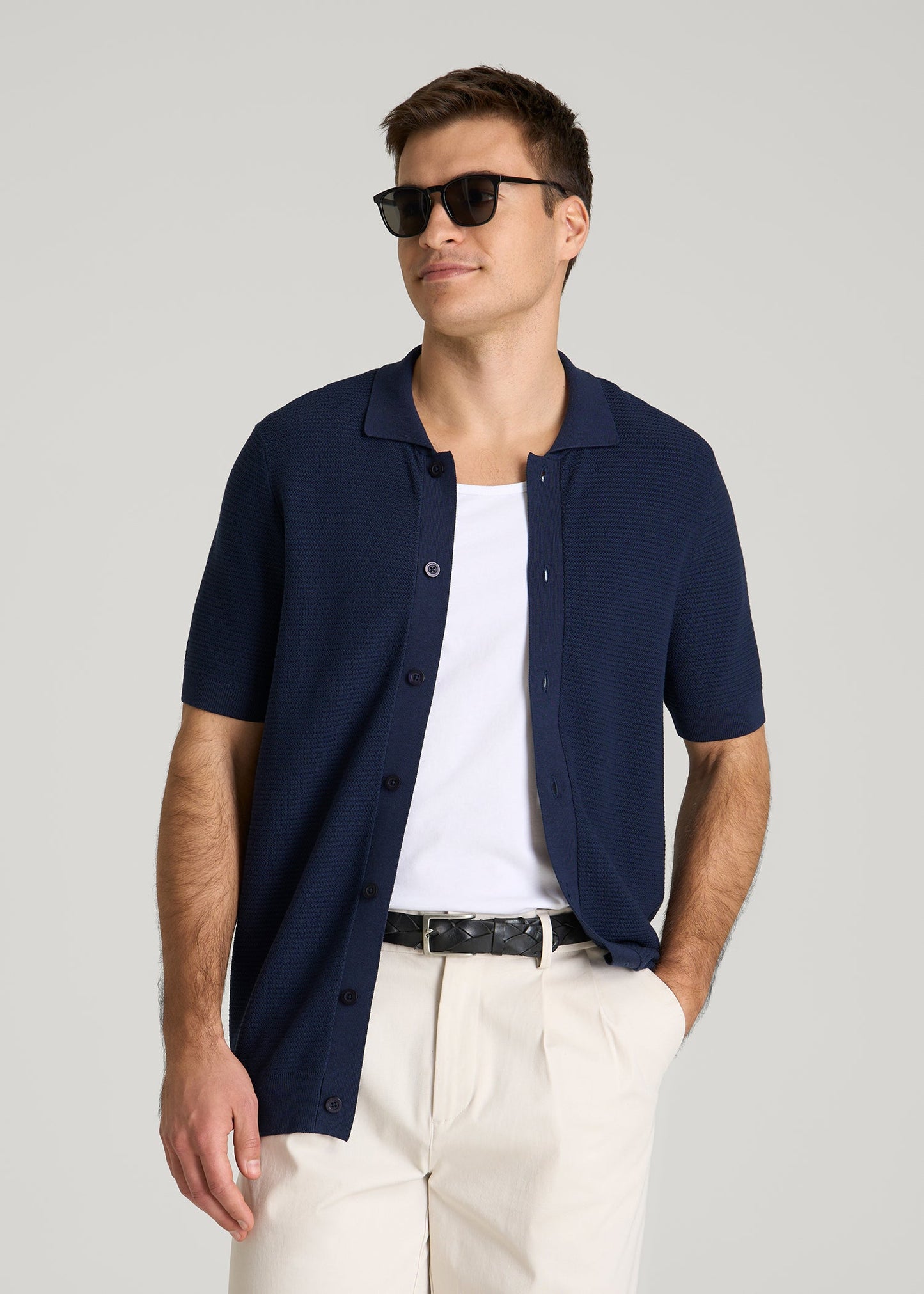 Braided Knit Short Sleeve Polo Cardigan for Tall Men in Navy Blue
