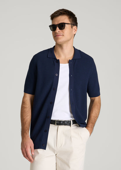 Braided Knit Short Sleeve Polo Cardigan for Tall Men in Navy Blue