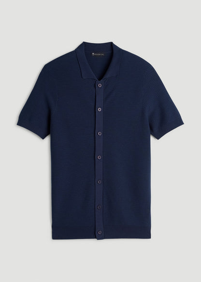 Braided Knit Short Sleeve Polo Cardigan for Tall Men in Navy Blue