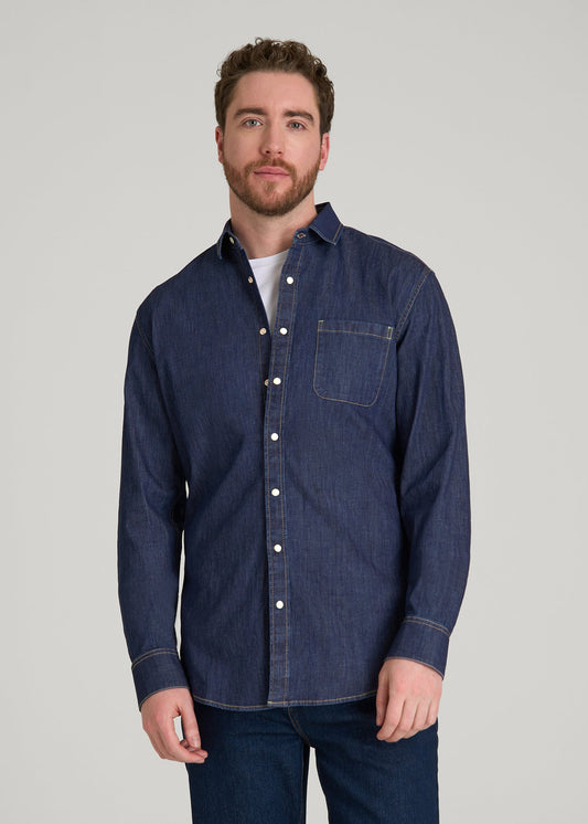Classic Stretch Denim Shirt for Tall Men in Deep Indigo