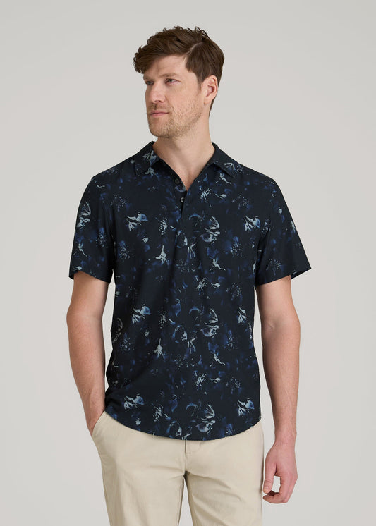 Coastal Perforated Polo Shirt for Tall Men in Black and Violet Floral