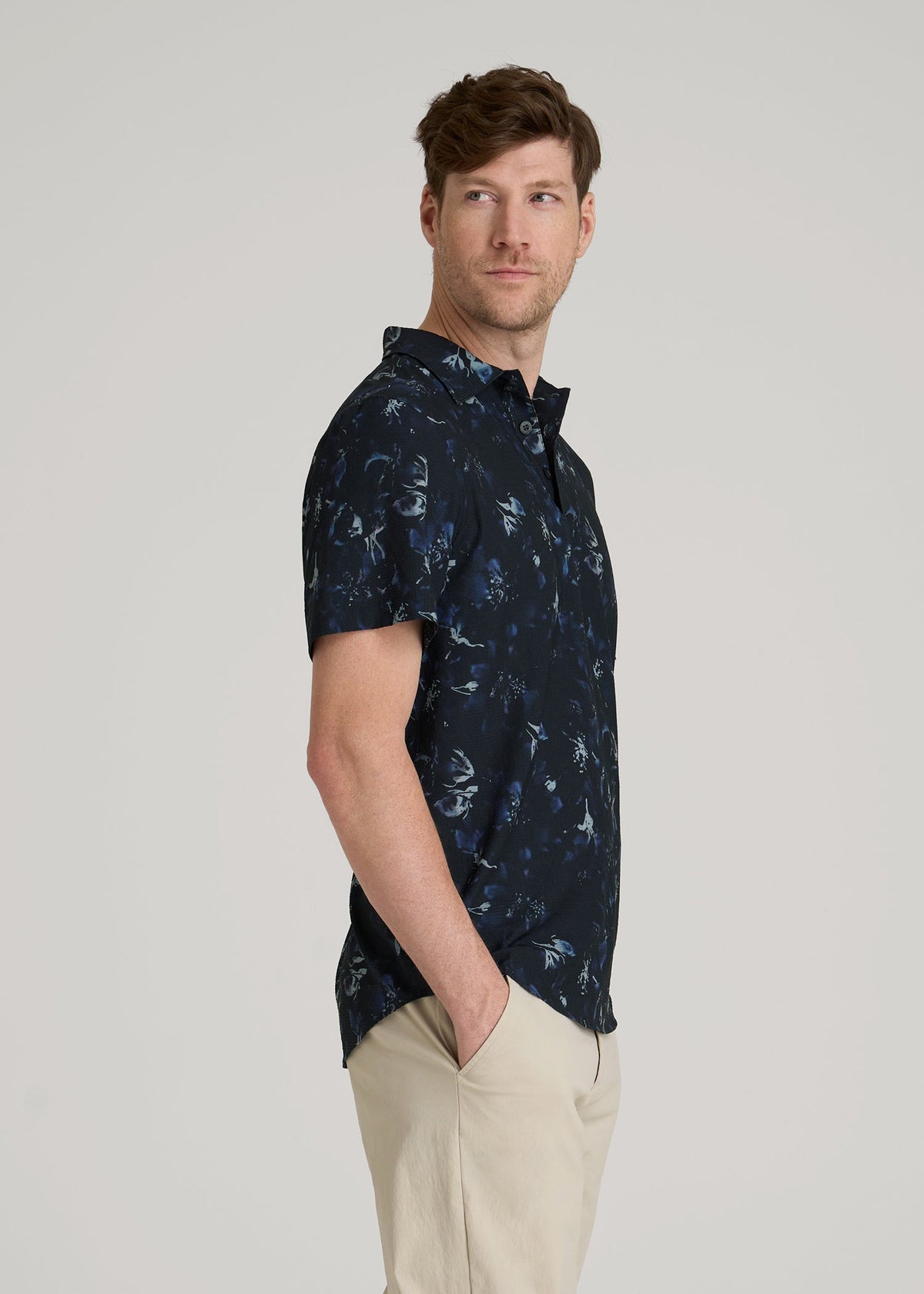 Coastal Perforated Polo Shirt for Tall Men in Black and Violet Floral