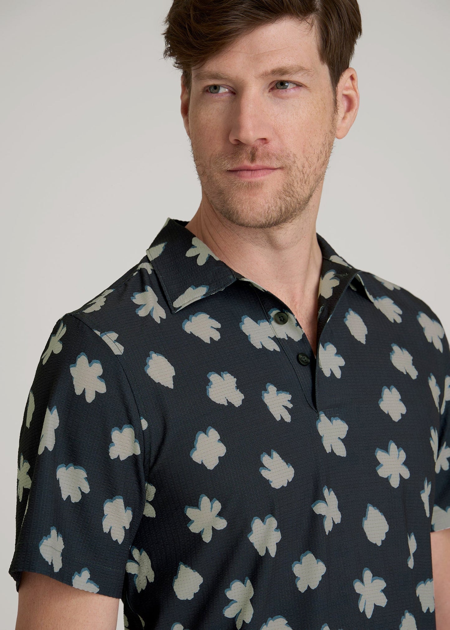 Coastal Perforated Polo Shirt for Tall Men in Navy and Bone Floral