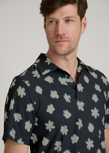 Coastal Perforated Polo Shirt for Tall Men in Navy and Bone Floral