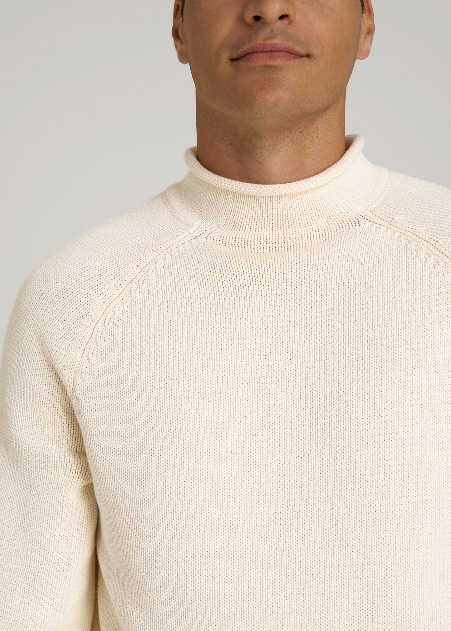 Fisherman Knit Rolled Mock Neck Sweater for Tall Men in Natural