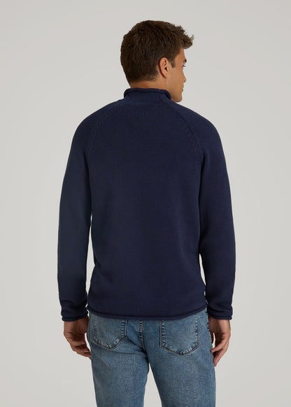 Fisherman Knit Rolled Mock Neck Sweater for Tall Men in Patriot Blue