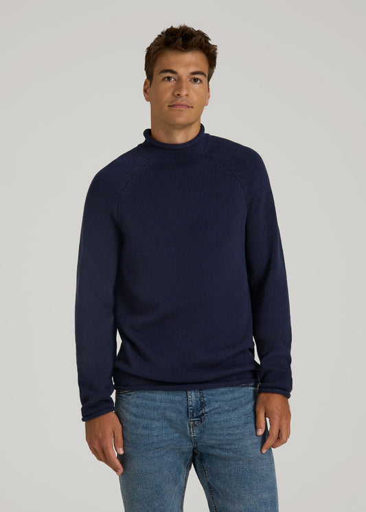 Fisherman Knit Rolled Mock Neck Sweater for Tall Men in Patriot Blue