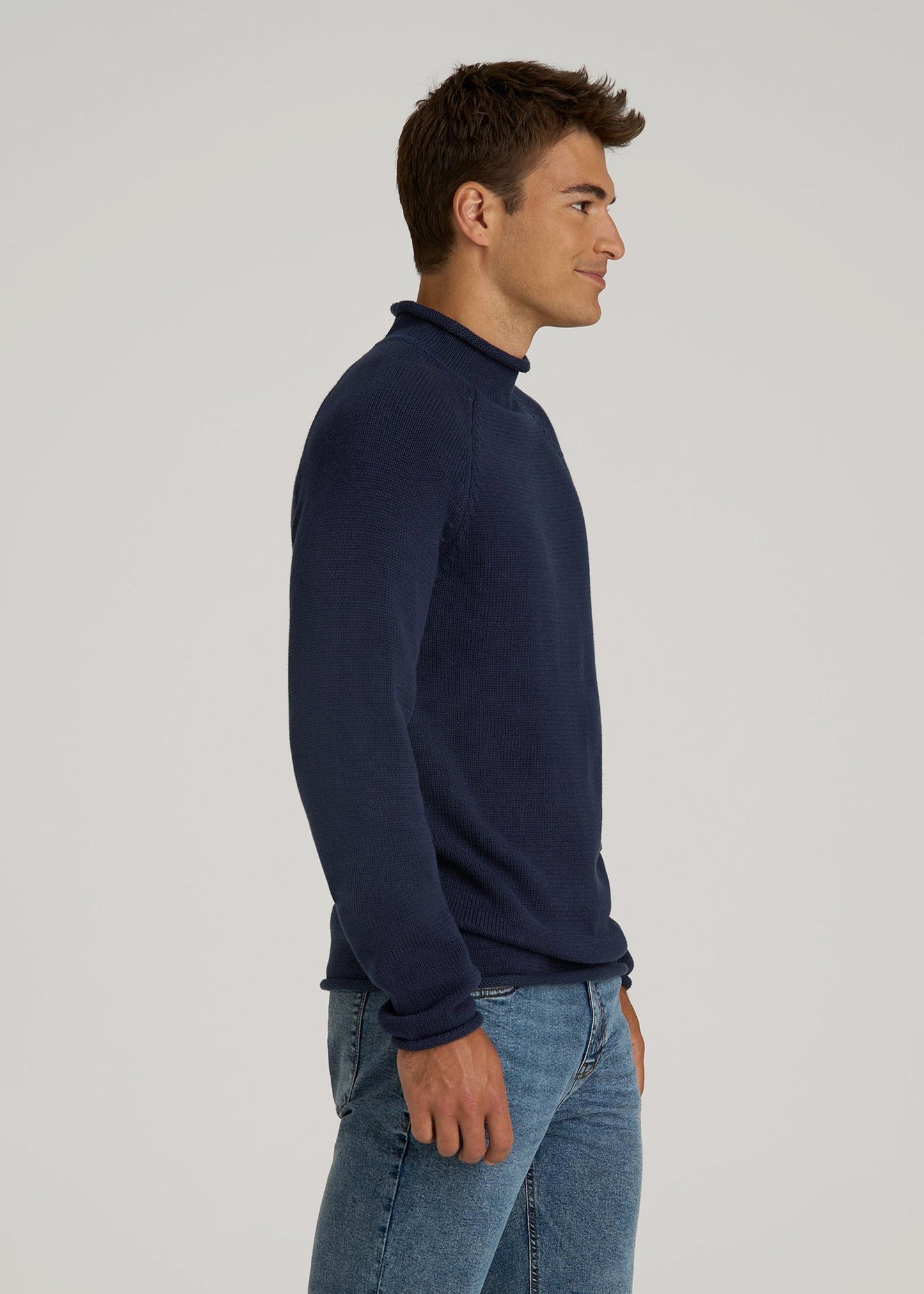 Fisherman Knit Rolled Mock Neck Sweater for Tall Men in Patriot Blue