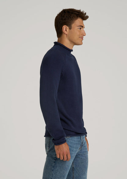 Fisherman Knit Rolled Mock Neck Sweater for Tall Men in Patriot Blue