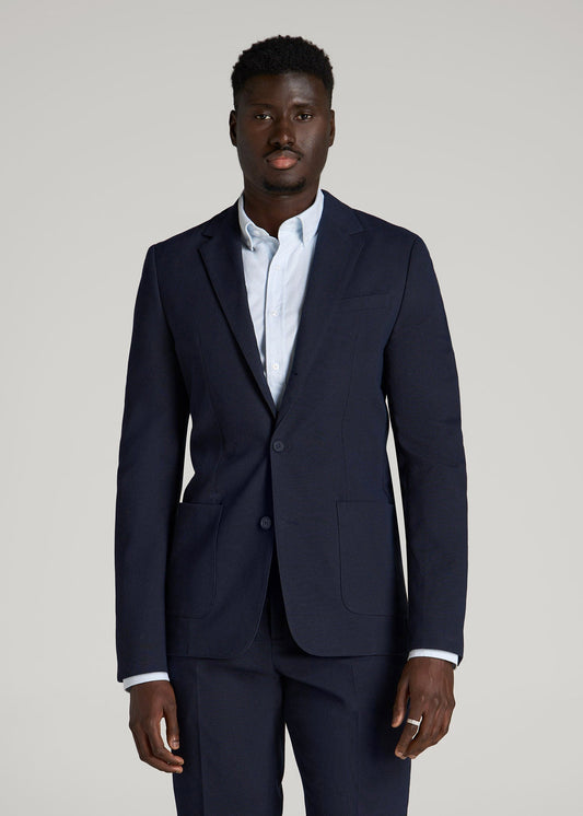Textured Garment Washed Stretch Cotton Blazer for Tall Men in Evening Blue