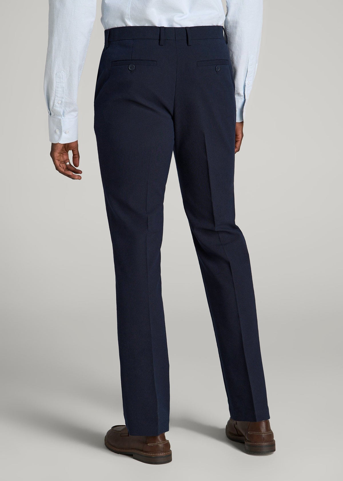 Textured Garment Washed Stretch Cotton Suit Pants for Tall Men in Evening Blue