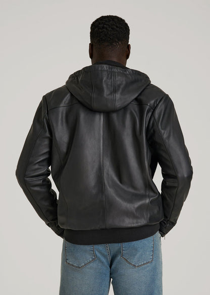Genuine Leather Hooded Bomber for Tall Men in Black