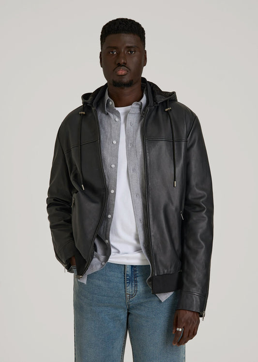 Genuine Leather Hooded Bomber for Tall Men in Black