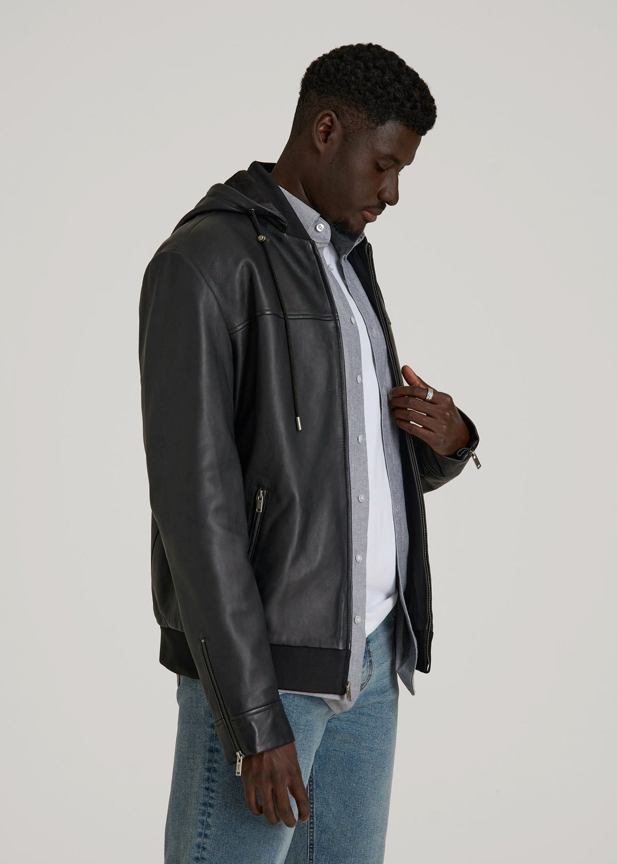 Genuine Leather Hooded Bomber for Tall Men in Black