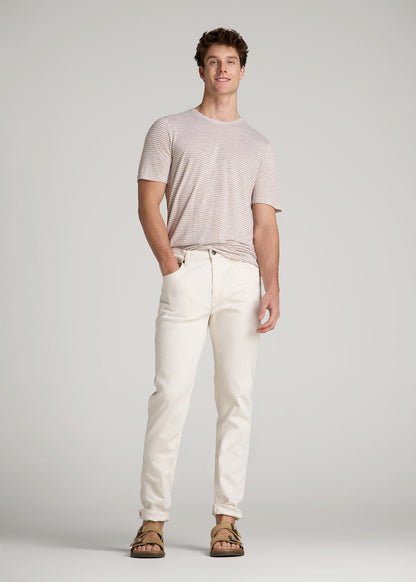 Linen Crewneck T-Shirt for Tall Men in Beige and White Stripe