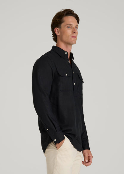 Linen Popover Shirt for Tall Men in Black