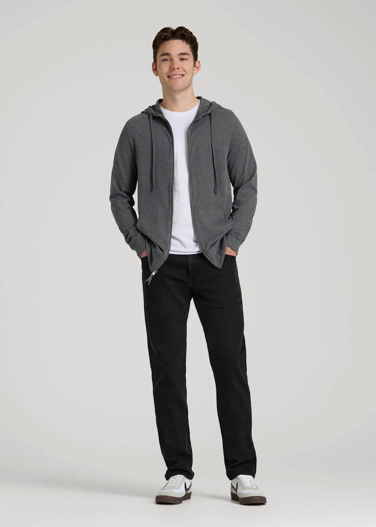 Long Sleeve Full Zip Jersey Hoodie for Tall Men in Charcoal Mix