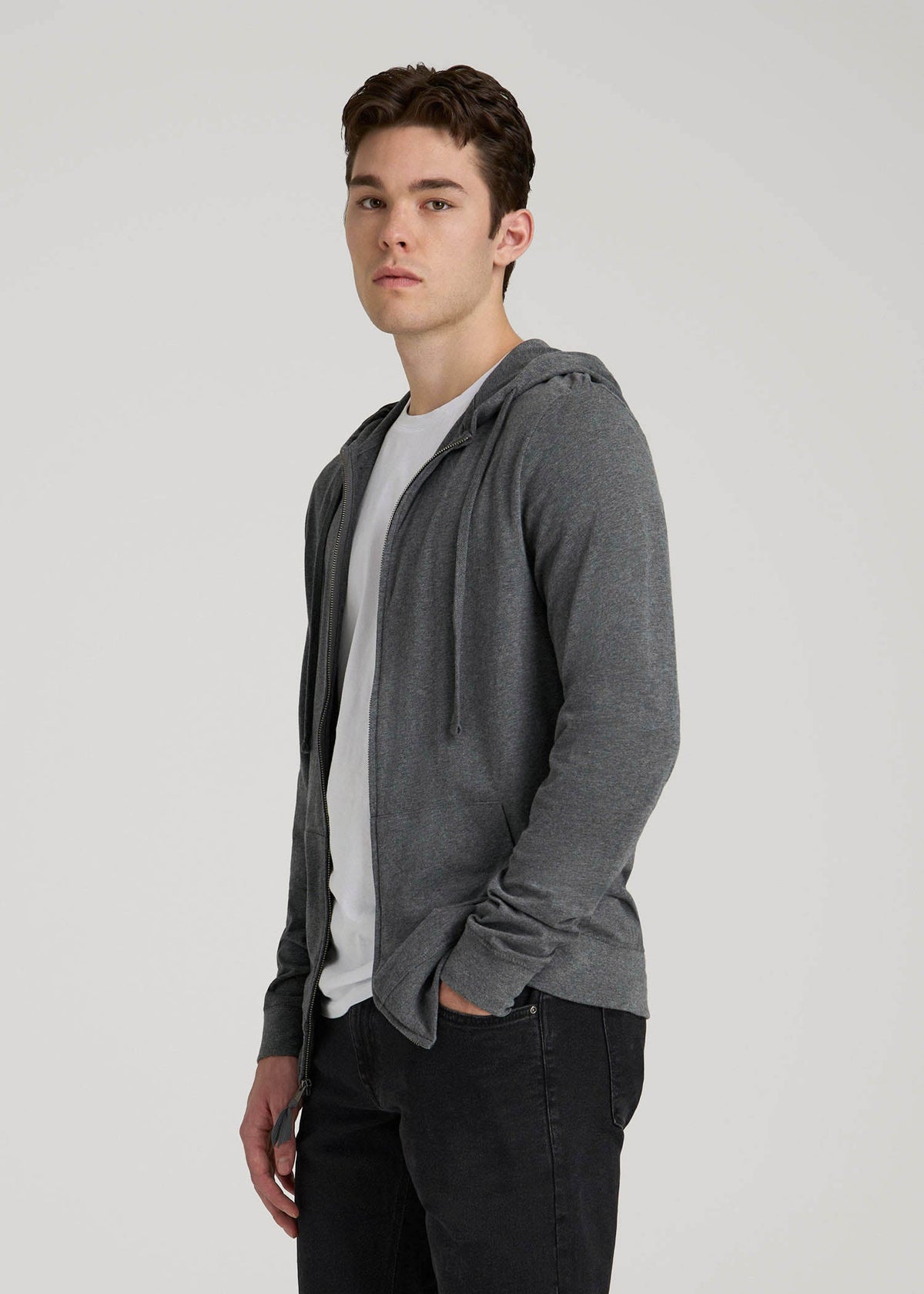 Long Sleeve Full Zip Jersey Hoodie for Tall Men in Charcoal Mix