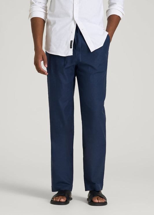Stretch Cotton Linen Blend Pull-On Pants for Tall Men in Navy Blue