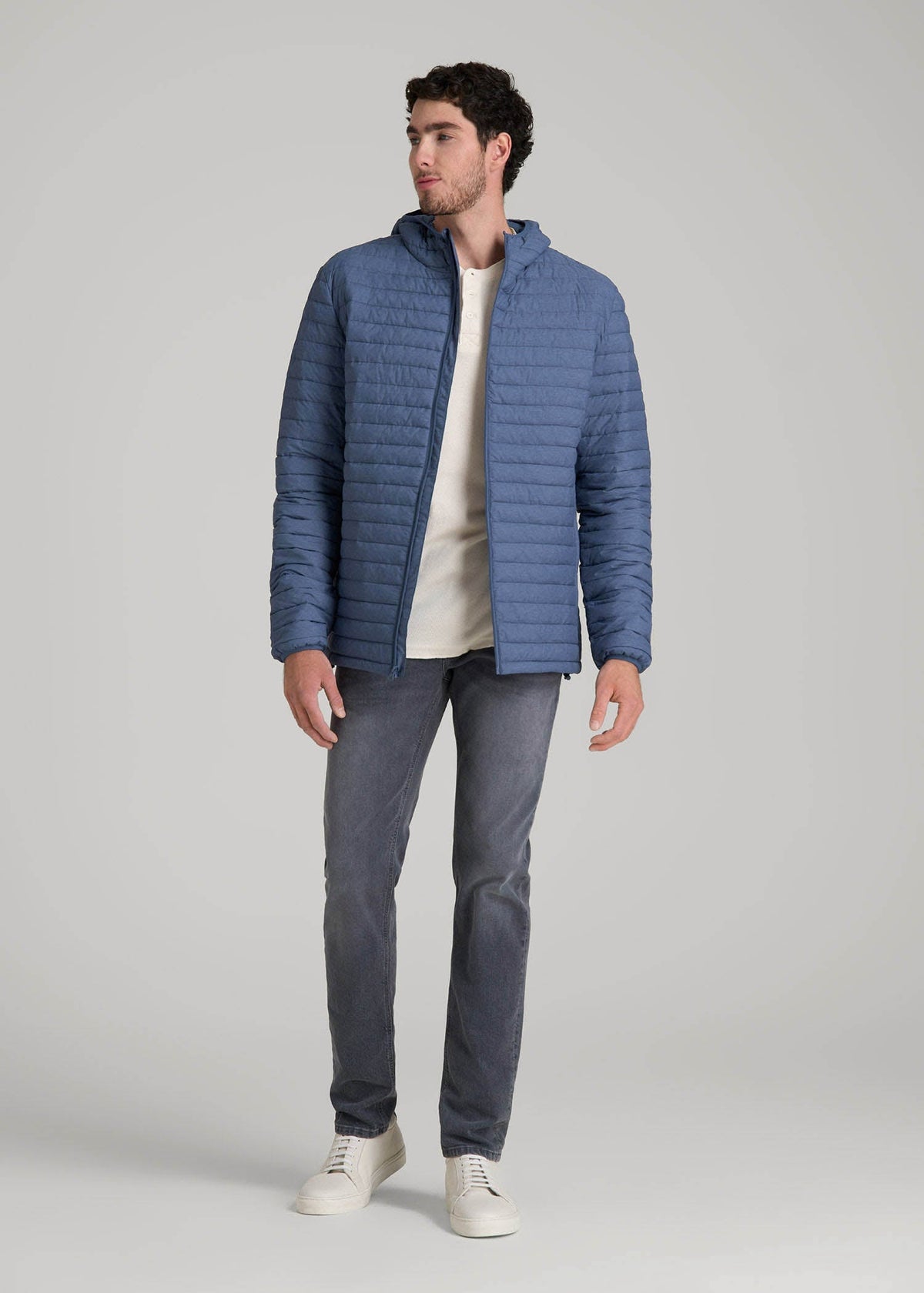 Packable Puffer Jacket for Tall Men in Steel Blue
