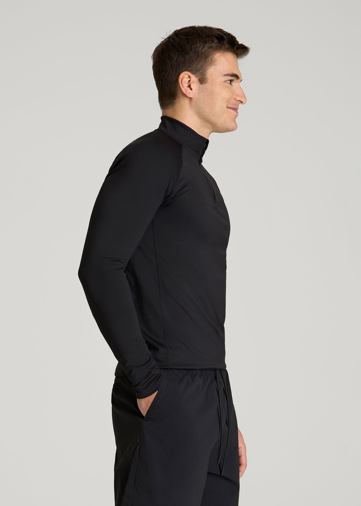 Quarter Zip Long Sleeves Rashguard for Tall Men in Deep Black