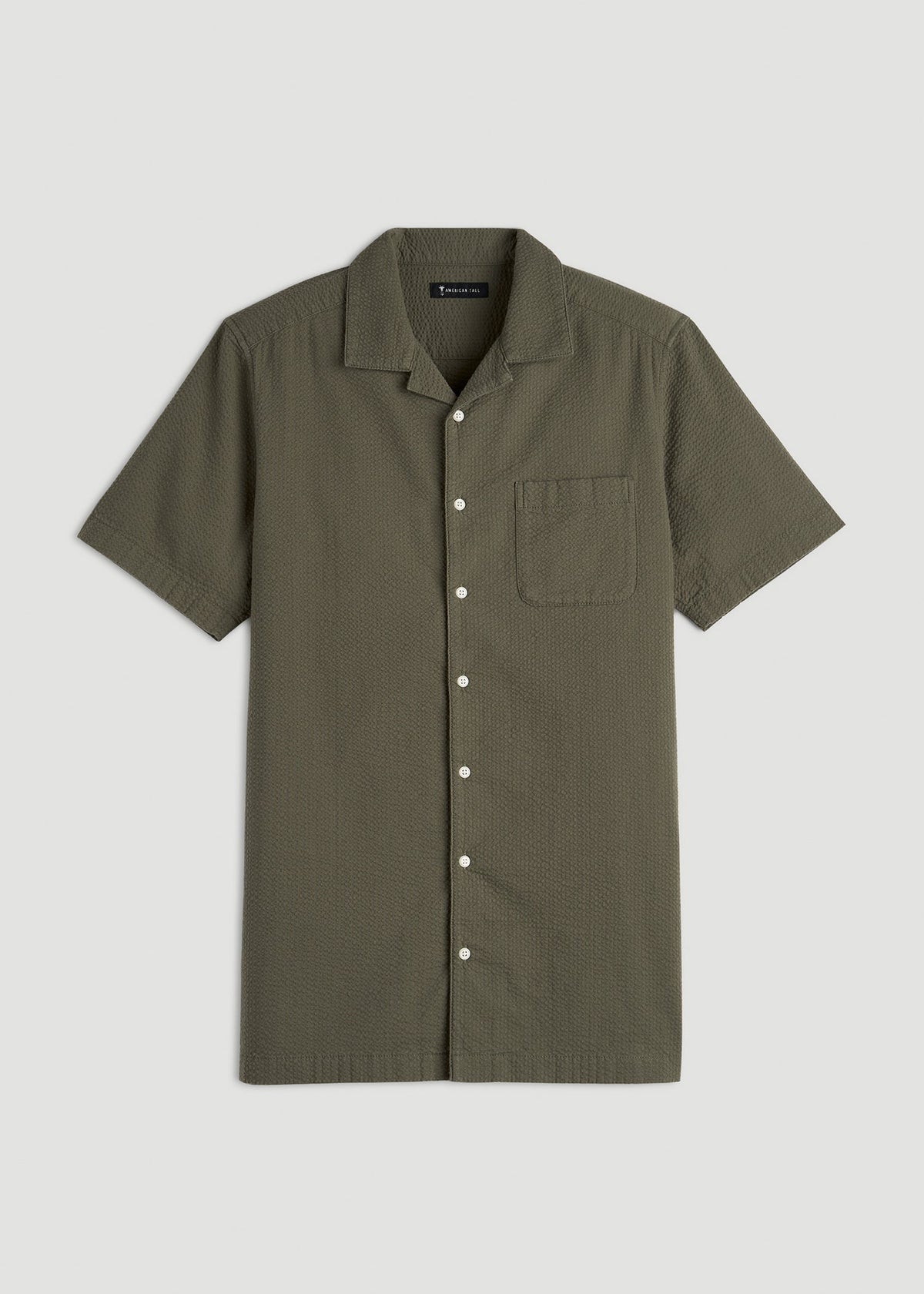 Seersucker Camp Collar Short Sleeve Shirt for Tall Men in Olive