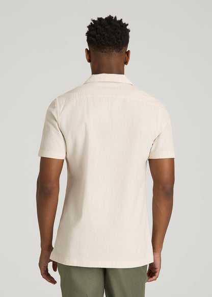 Seersucker Camp Collar Short Sleeve Shirt for Tall Men in White Sand