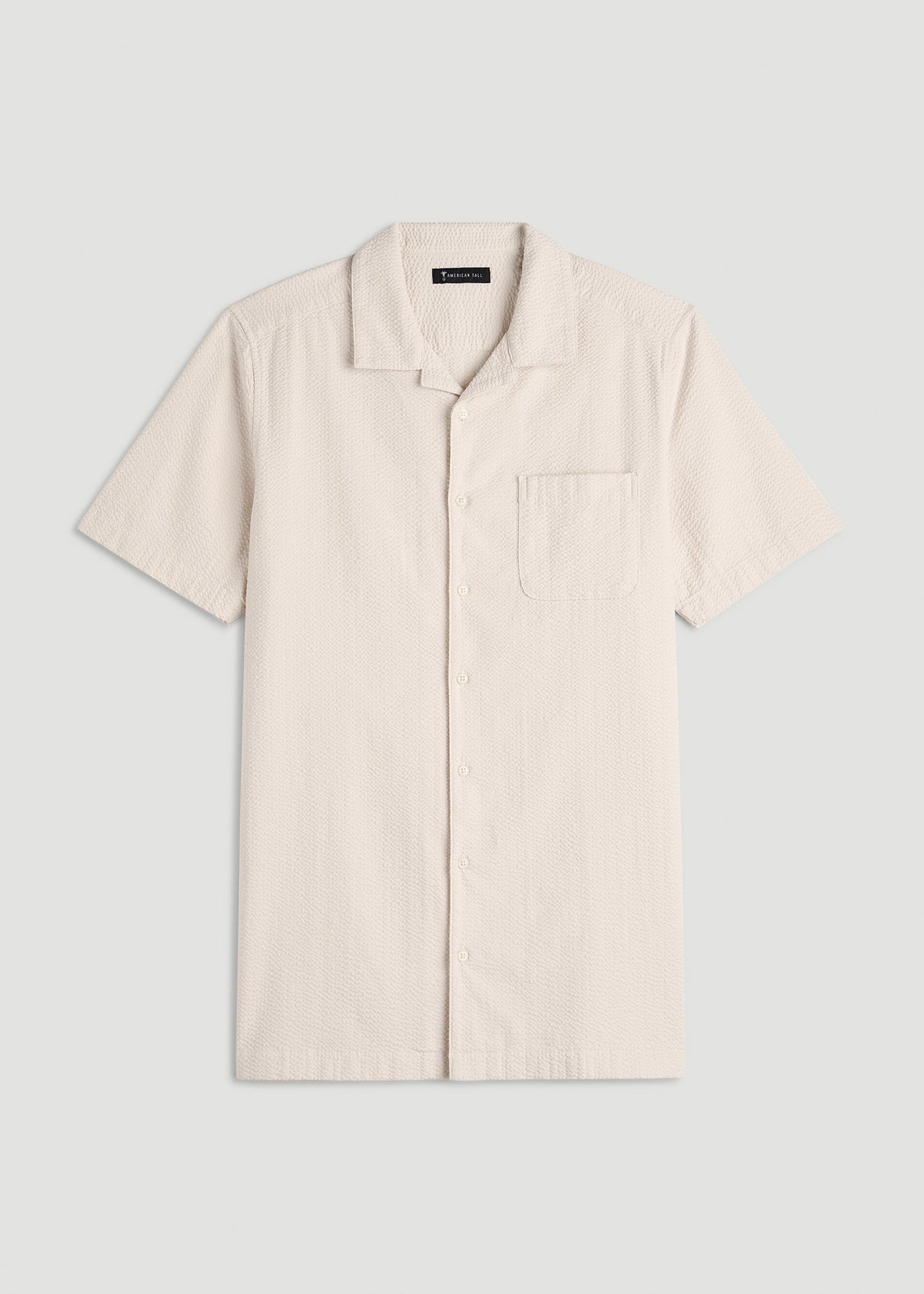 Seersucker Camp Collar Short Sleeve Shirt for Tall Men in White Sand