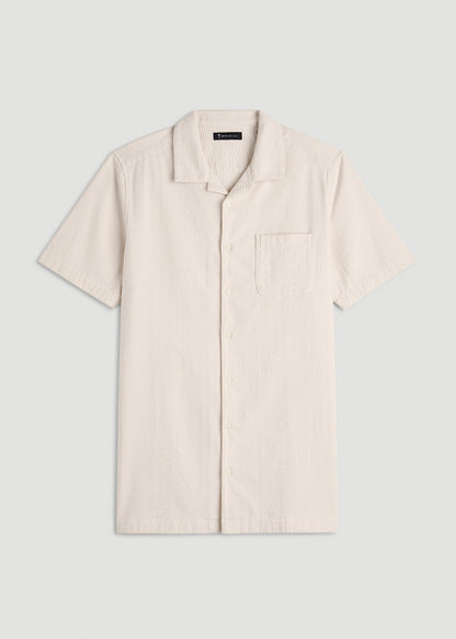 Seersucker Camp Collar Short Sleeve Shirt for Tall Men in White Sand