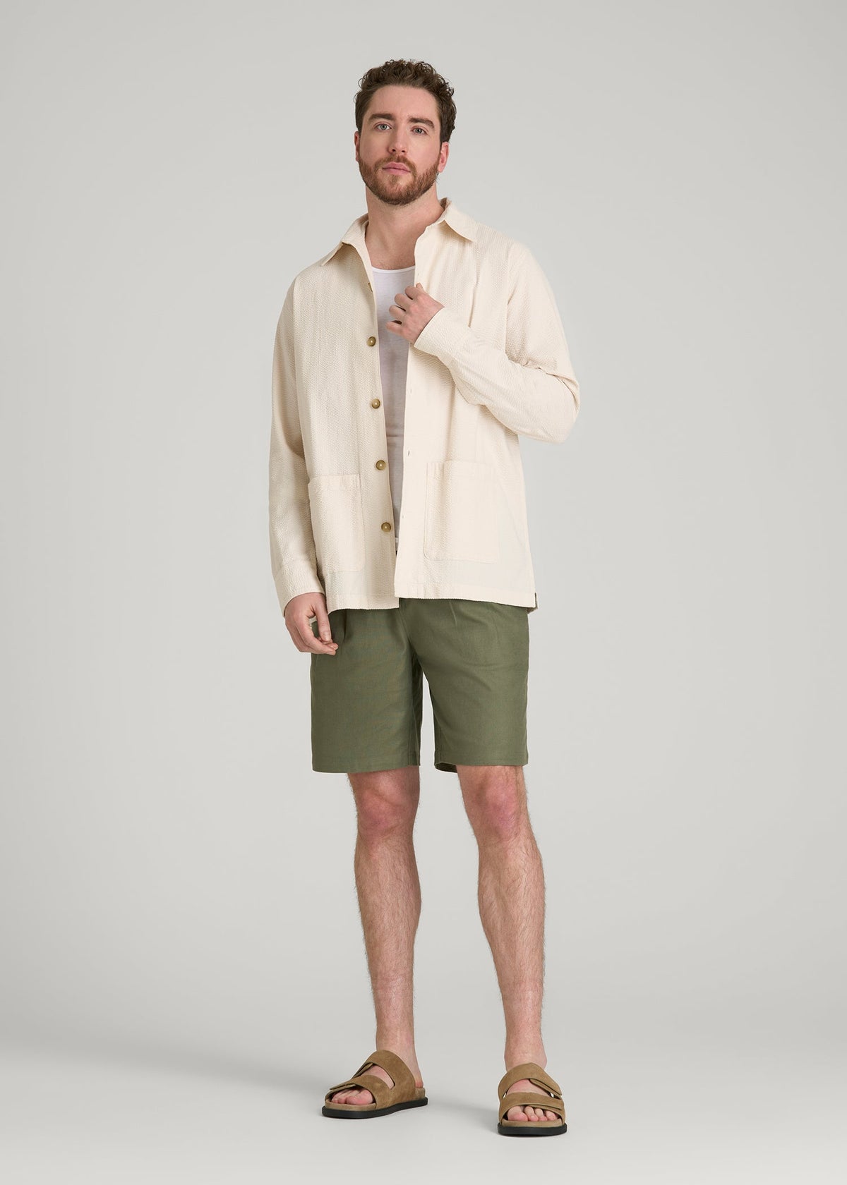 Seersucker Overshirt for Tall Men in White Sand