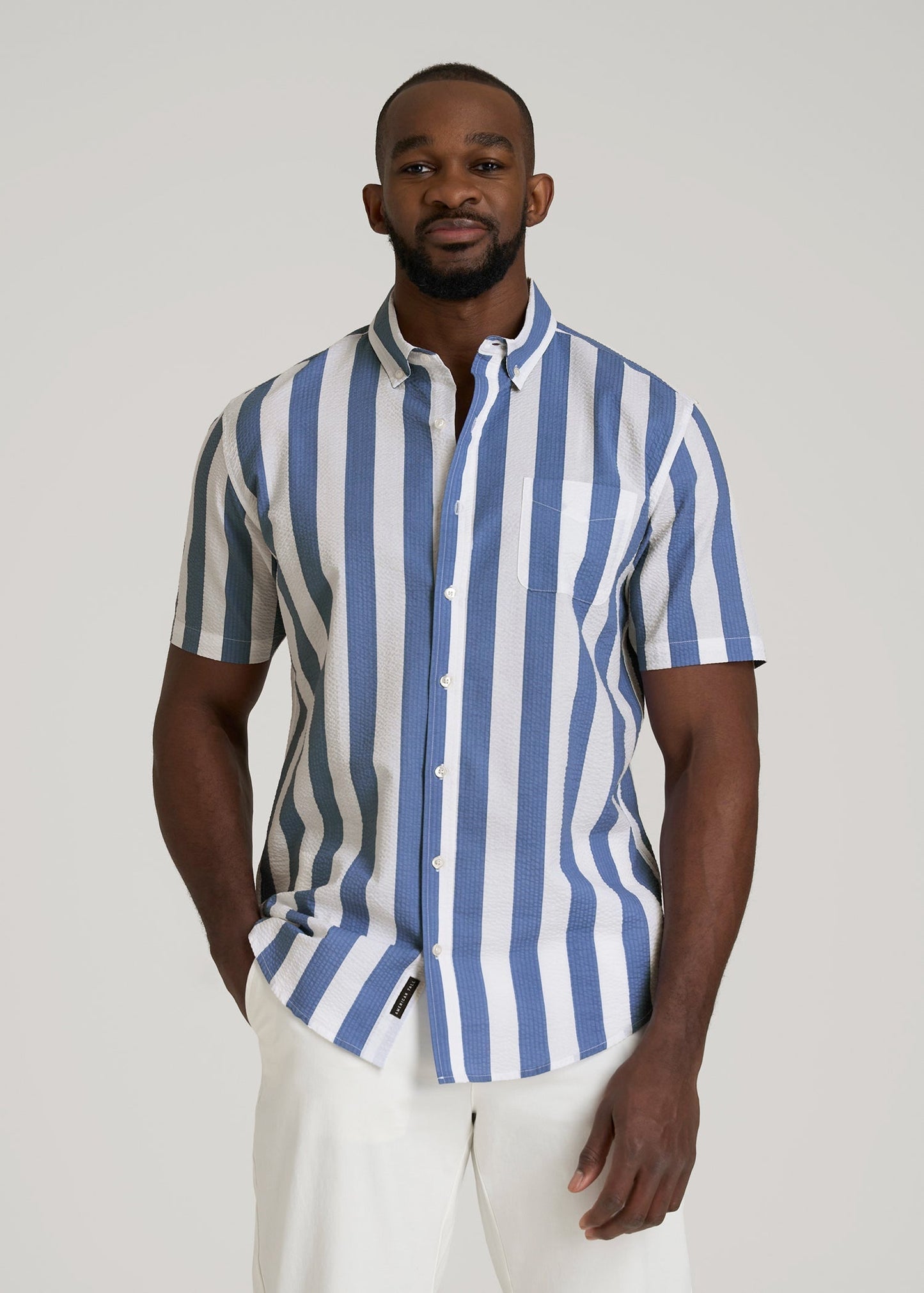 Seersucker Short Sleeve Shirt for Tall Men in Periwinkle Blue Stripe