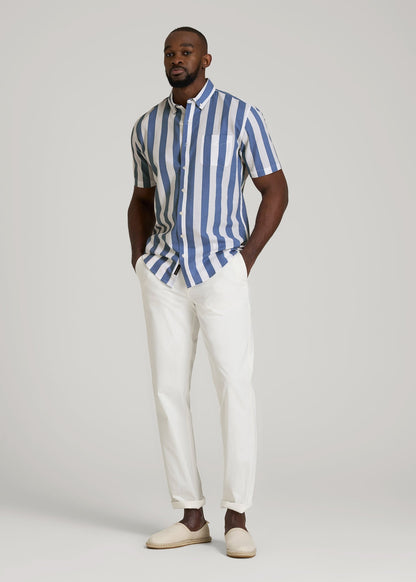 Seersucker Short Sleeve Shirt for Tall Men in Periwinkle Blue Stripe