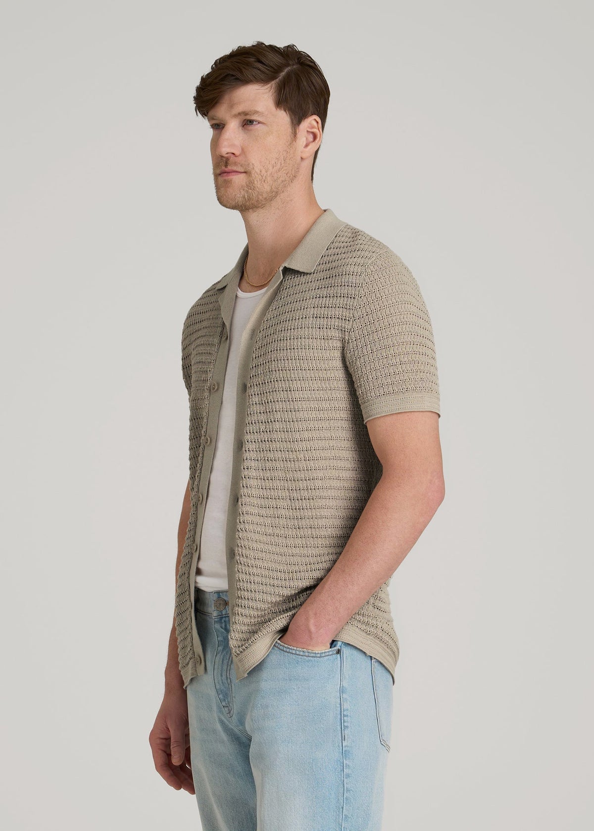 Short Sleeve Crochet Polo Cardigan for Tall Men in Light Khaki