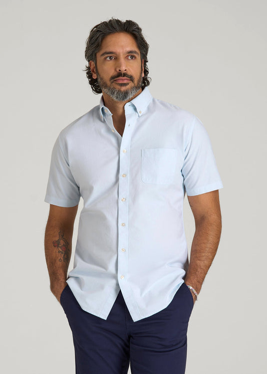 Short Sleeve Oxford Button Shirt For Tall Men in Light Blue
