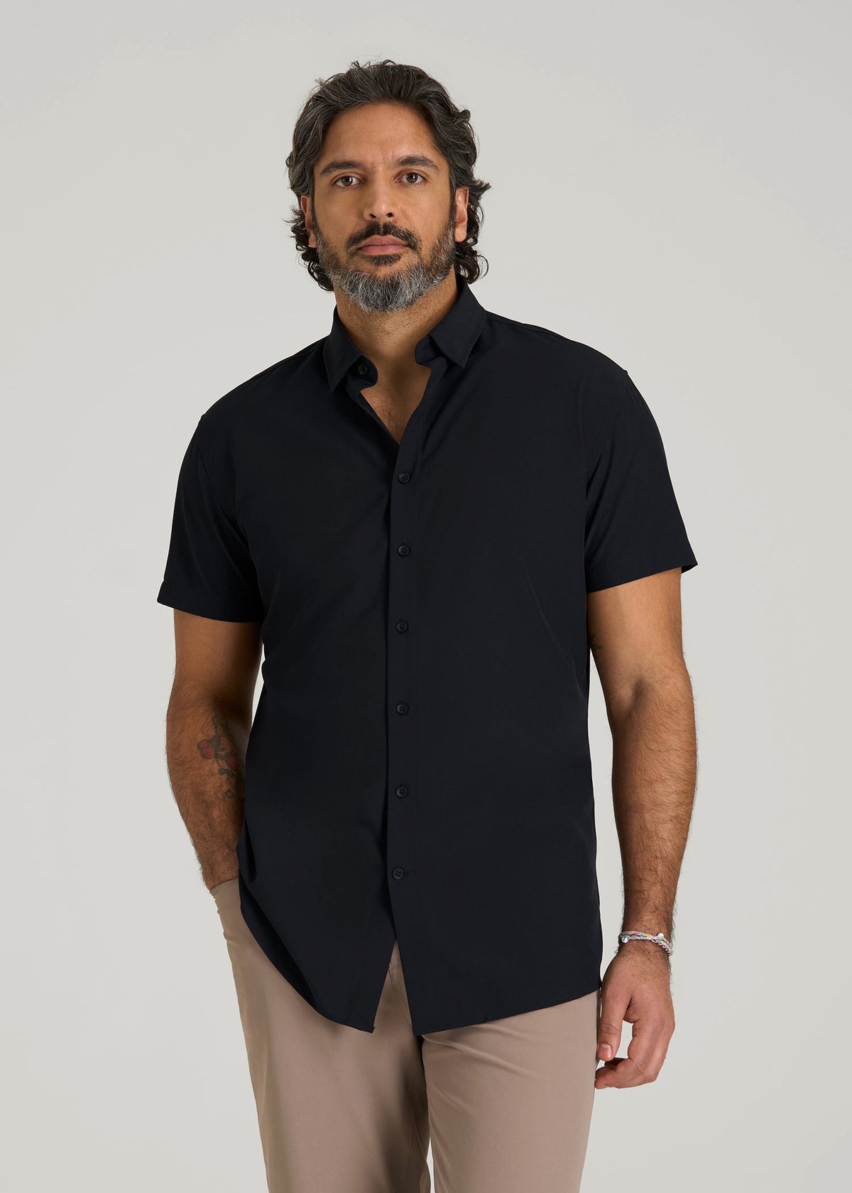 Short Sleeve Traveler Stretch Button Shirt for Tall Men in Black