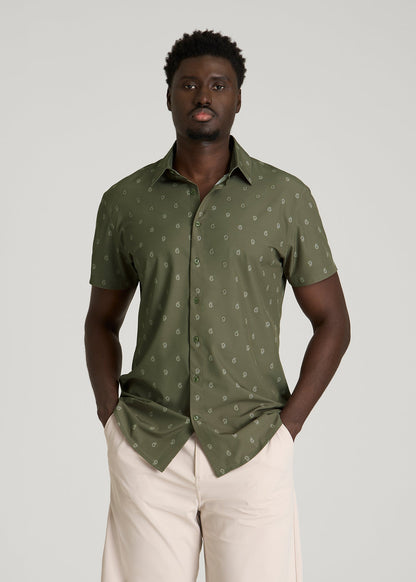 Short Sleeve Traveler Stretch Button Shirt for Tall Men in Olive Mini Paisley
