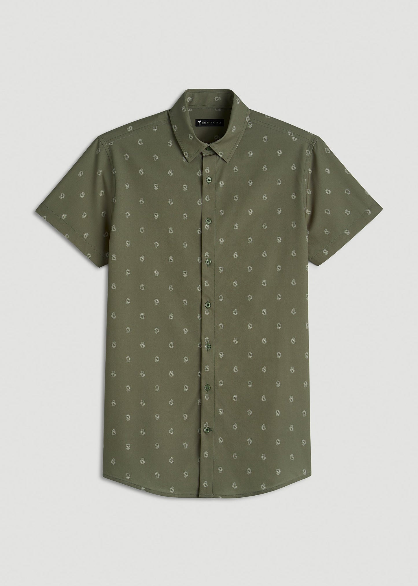 Short Sleeve Traveler Stretch Button Shirt for Tall Men in Olive Mini Paisley