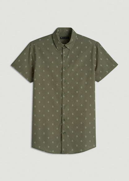 Short Sleeve Traveler Stretch Button Shirt for Tall Men in Olive Mini Paisley
