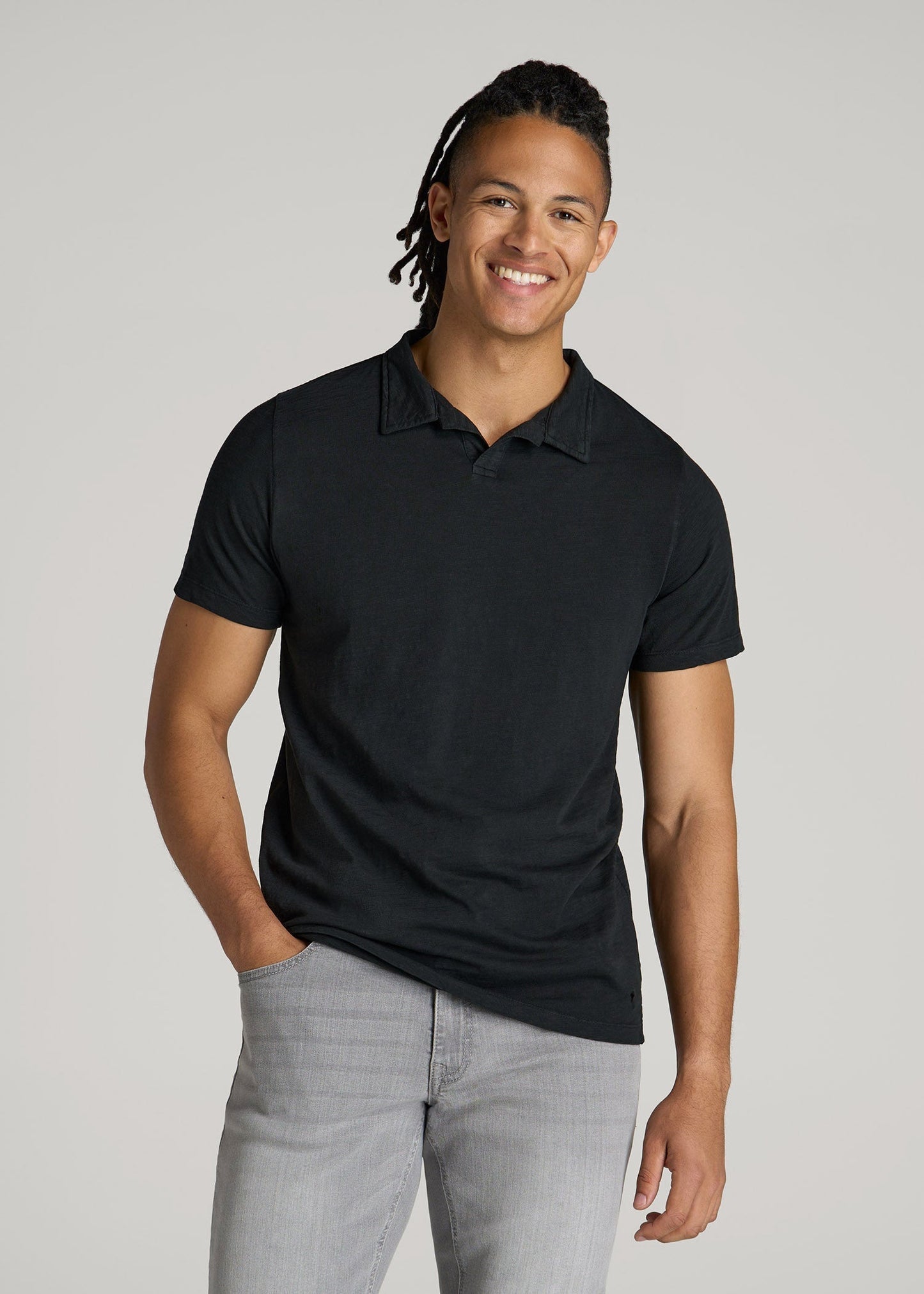 Slub Polo Shirt for Tall Men in Black